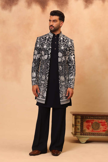 Navy Blue Embroidered Front Open Sherwani Jacket Set