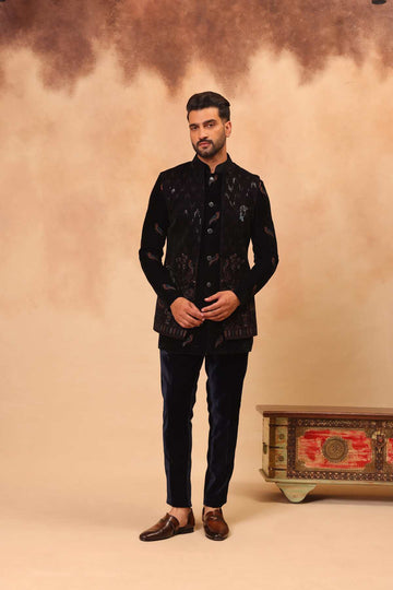 Navy Blue Embroidered Front Open Short Jacket Set