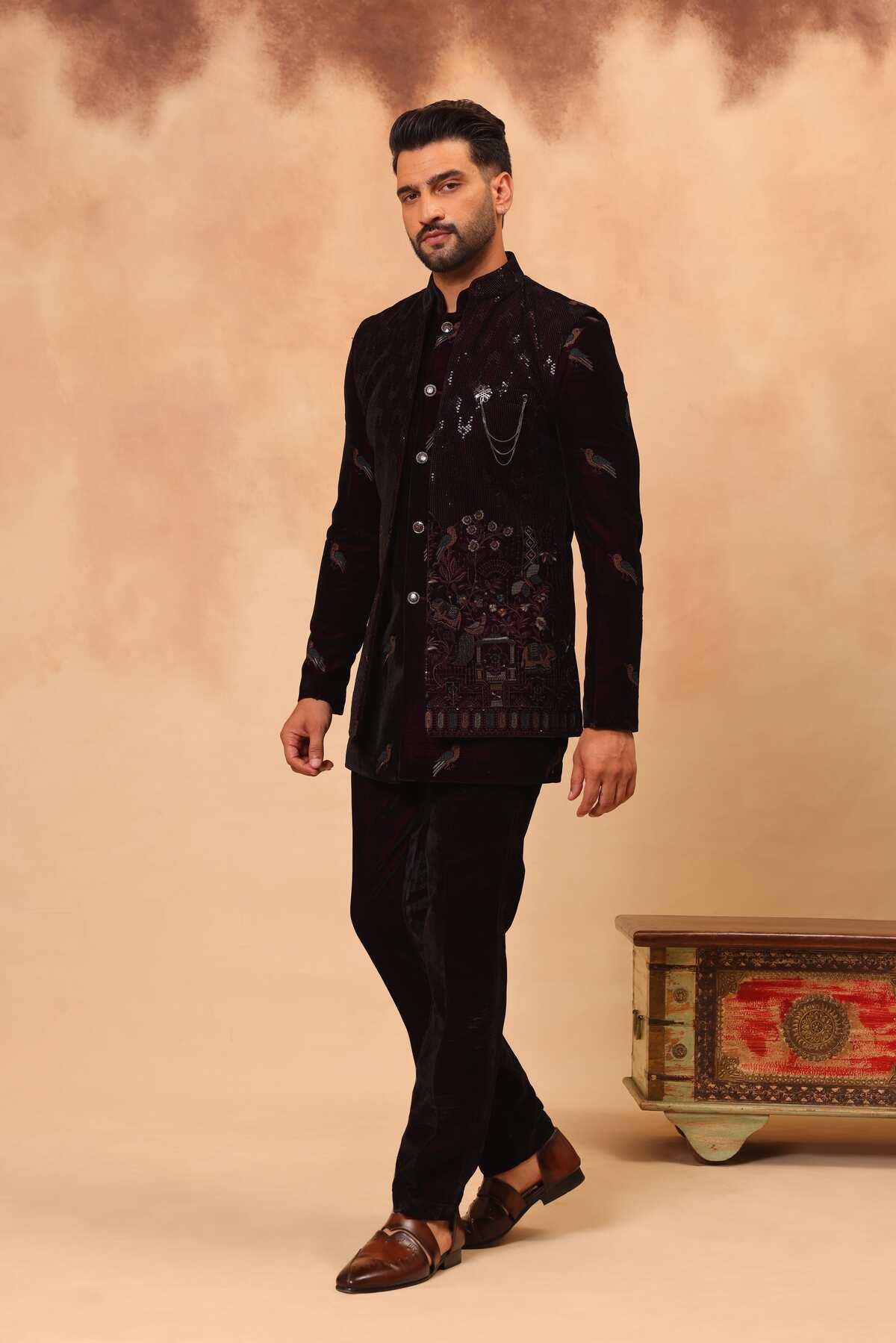 Wine Embroidered Front Open Short Jacket Set