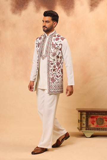 Cream Embroidered Front Open Short Jacket Set with Kurta