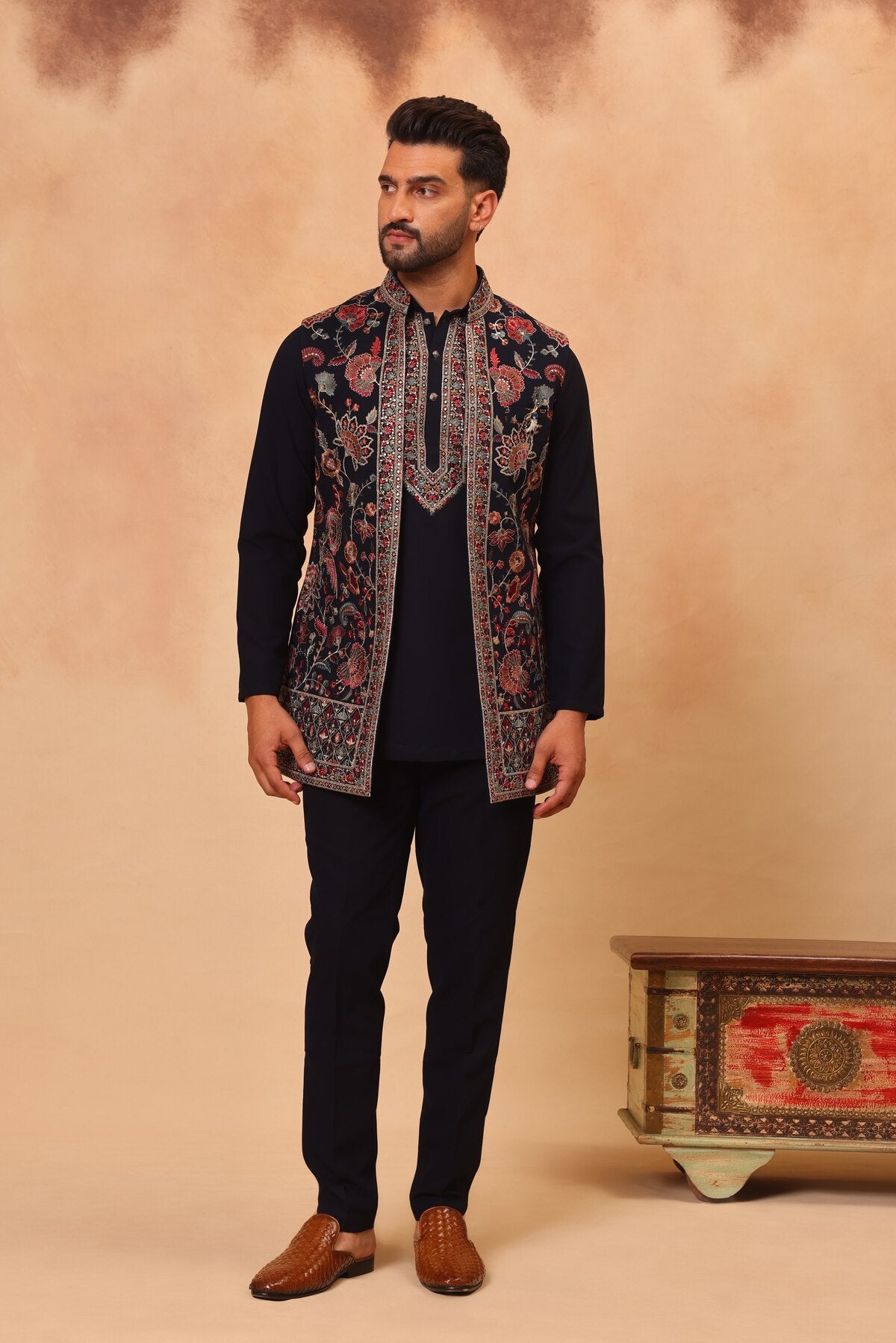 Navy Blue Embroidered Front Open Short Jacket Set with Kurta