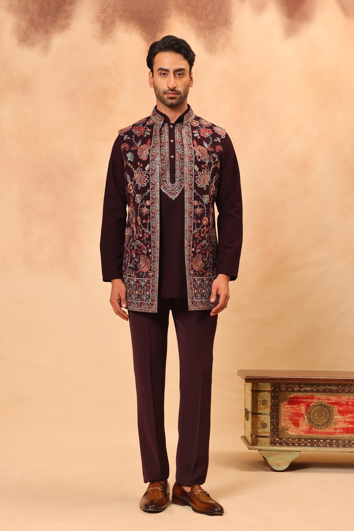 Wine Embroidered Front Open Short Jacket Set with Kurta