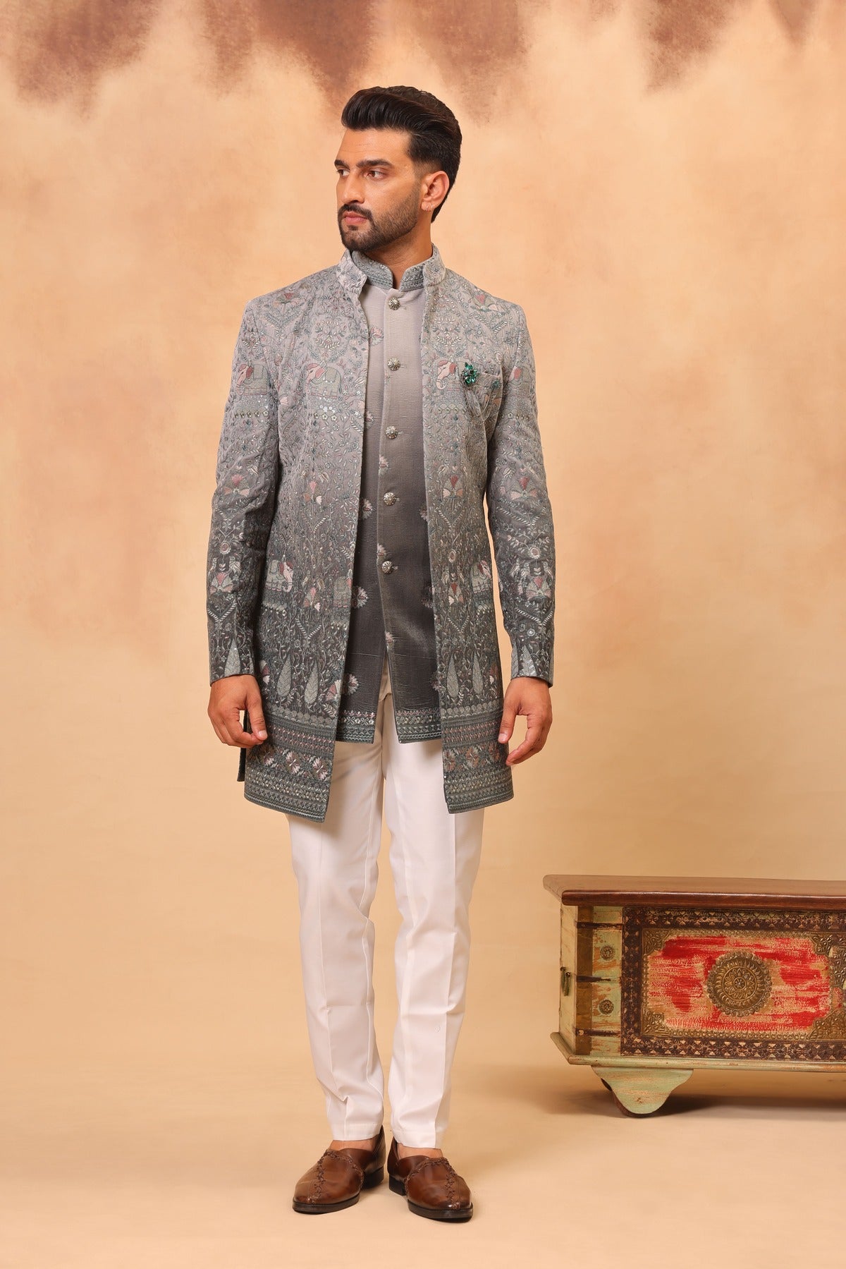Ombre Greyish Green Embroidered Front Open Sherwani Jacket Set