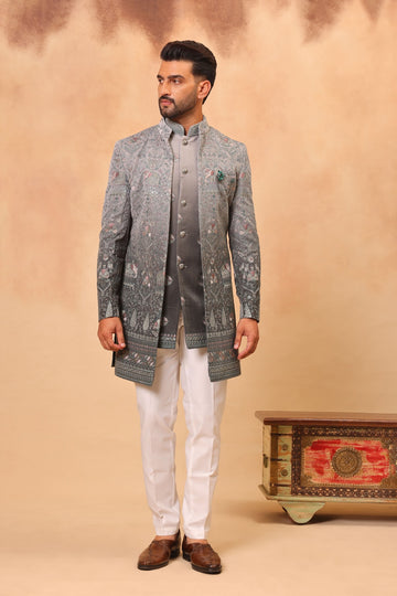 Ombre Greyish Green Embroidered Front Open Sherwani Jacket Set