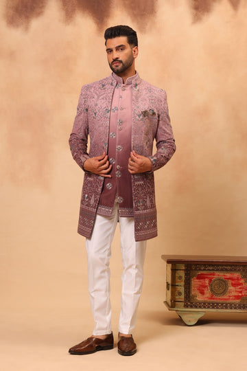 Ombre Rustish Pink Embroidered Front Open Sherwani Jacket Set