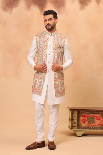 Cream Printed and Embroidered Front Open Long Jacket Set