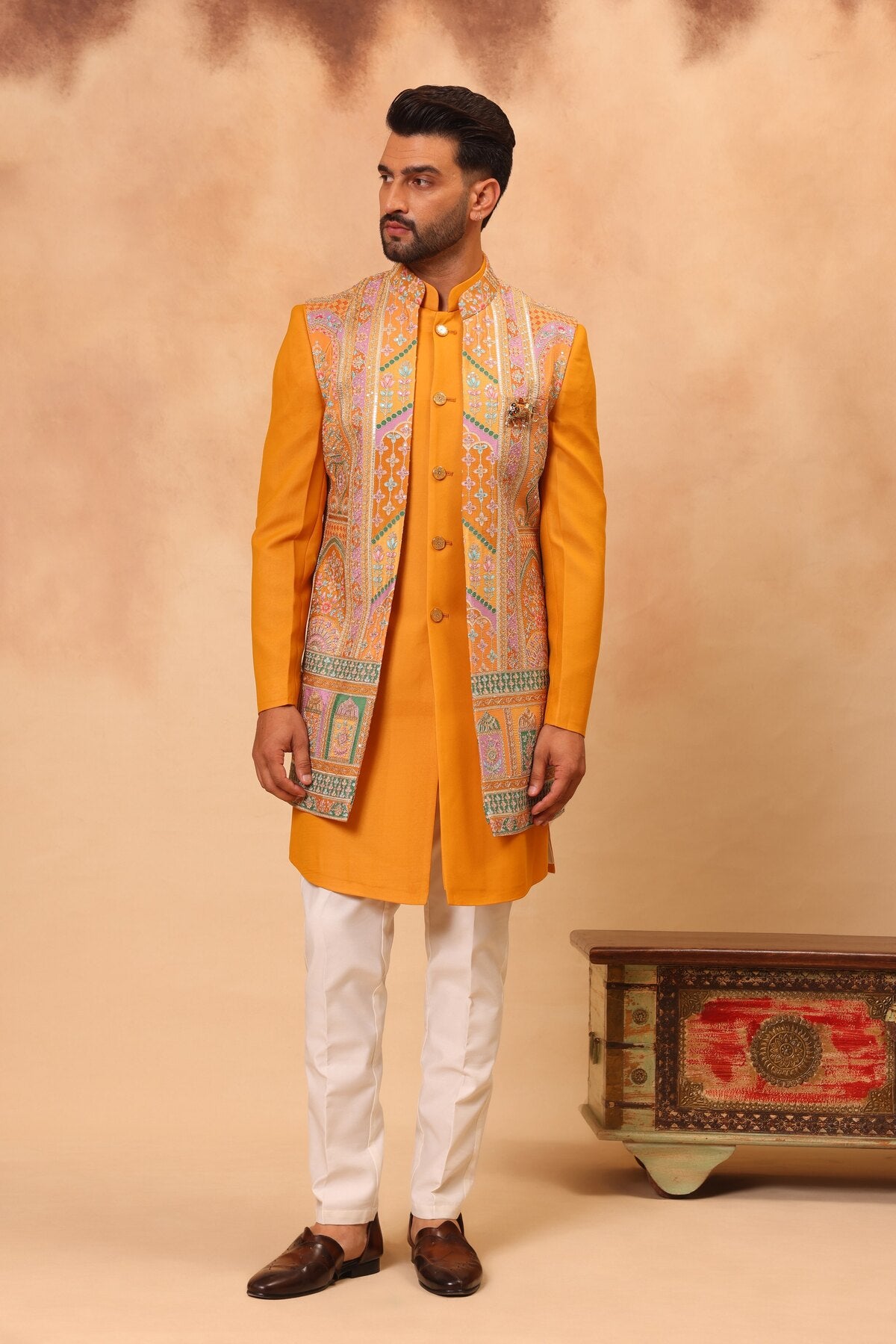 Haldi Printed and Embroidered Front Open Long Jacket Set