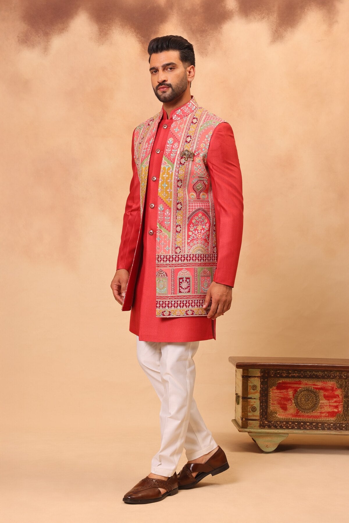 Red Printed and Embroidered Front Open Long Jacket Set