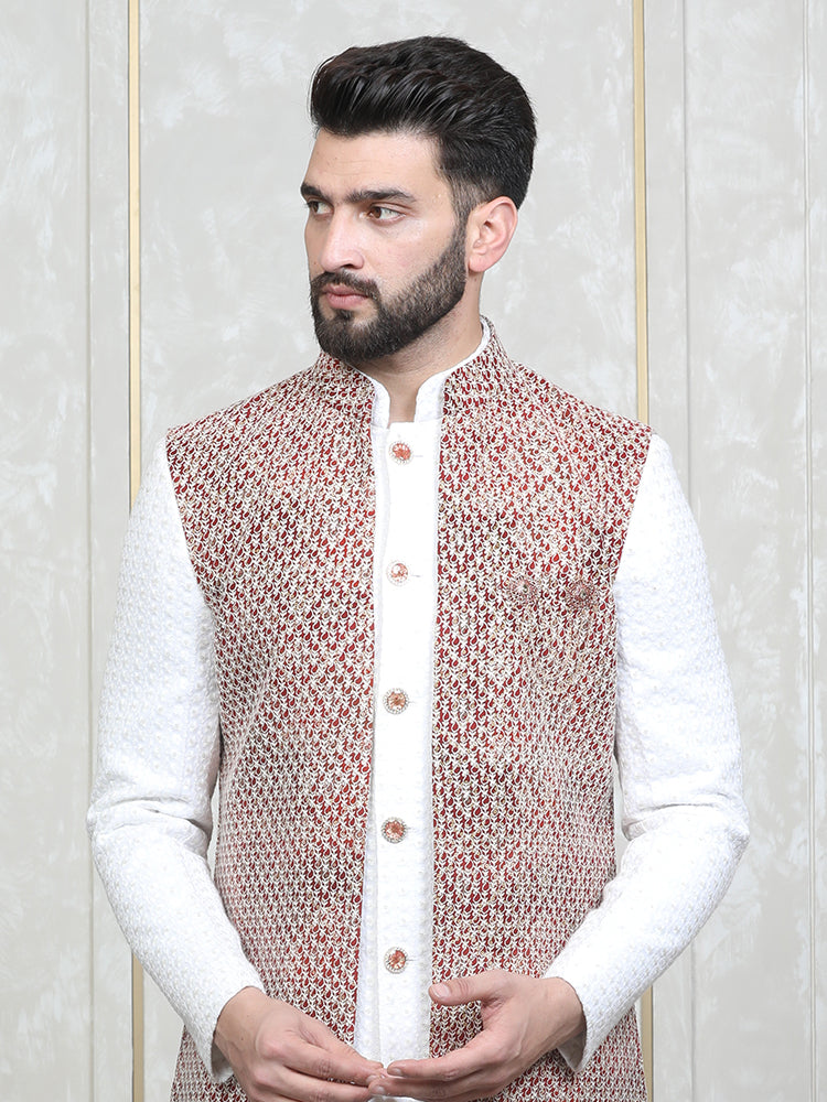 Rust Lakhnavi Embroidered Long Jacket Set