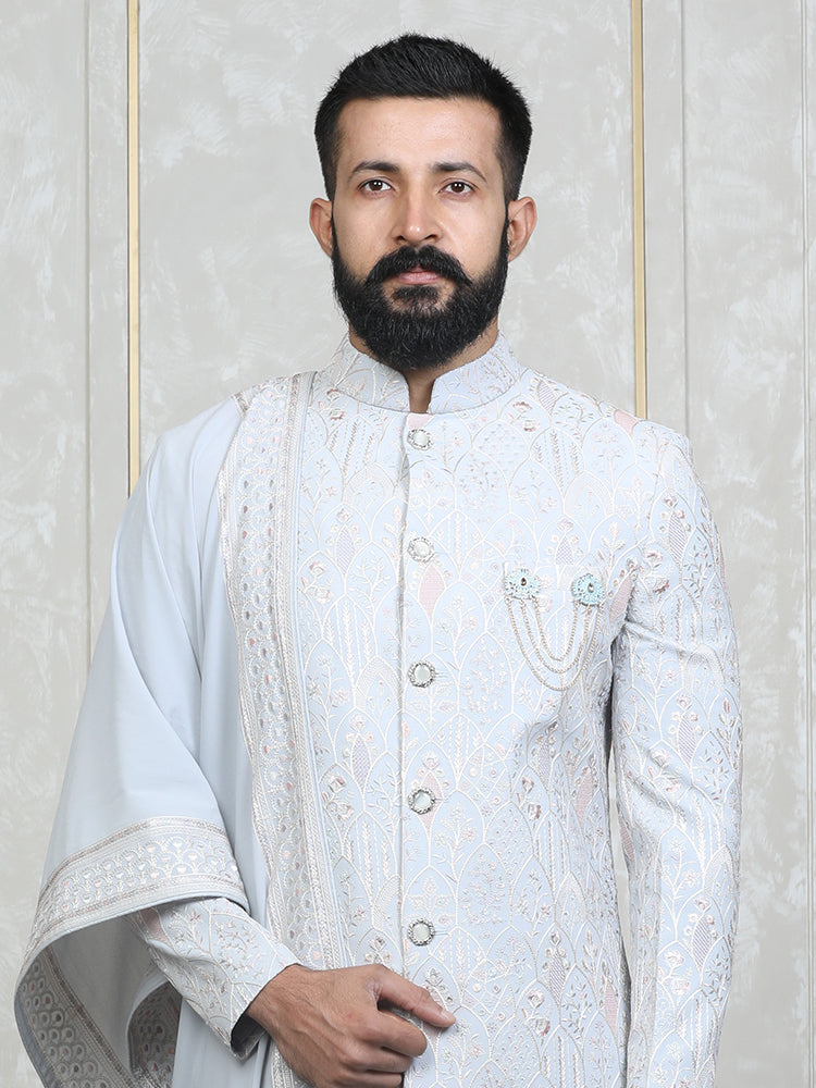 Sky Blue Faux Georgette Embroidered Sherwani Set