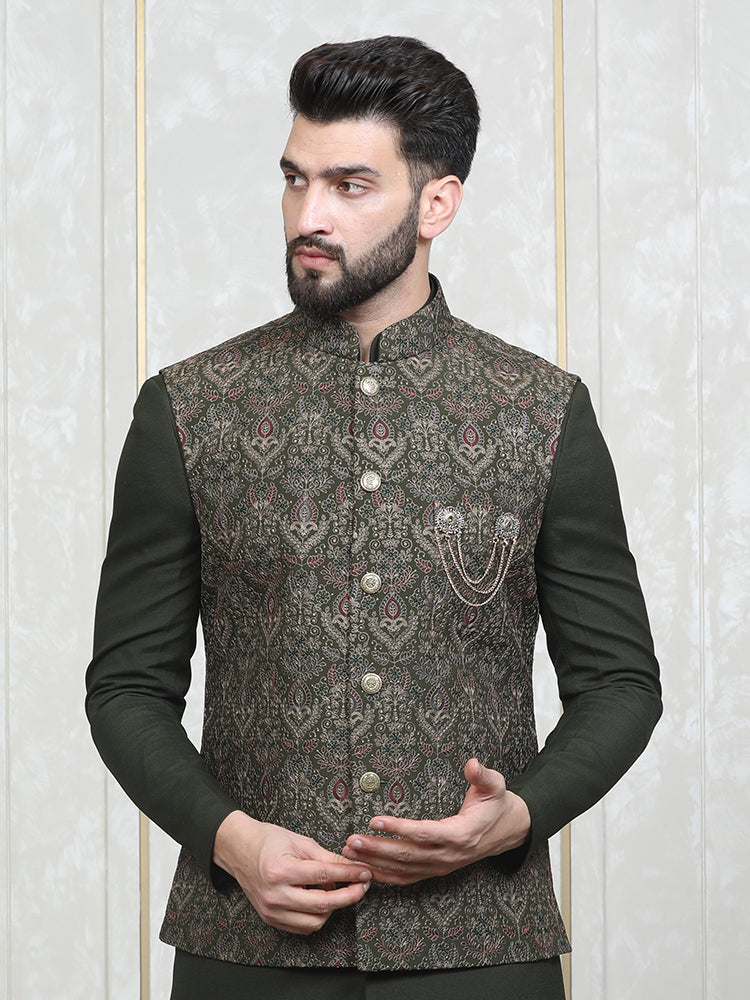 Green Embroidered  Nehru Jacket Set