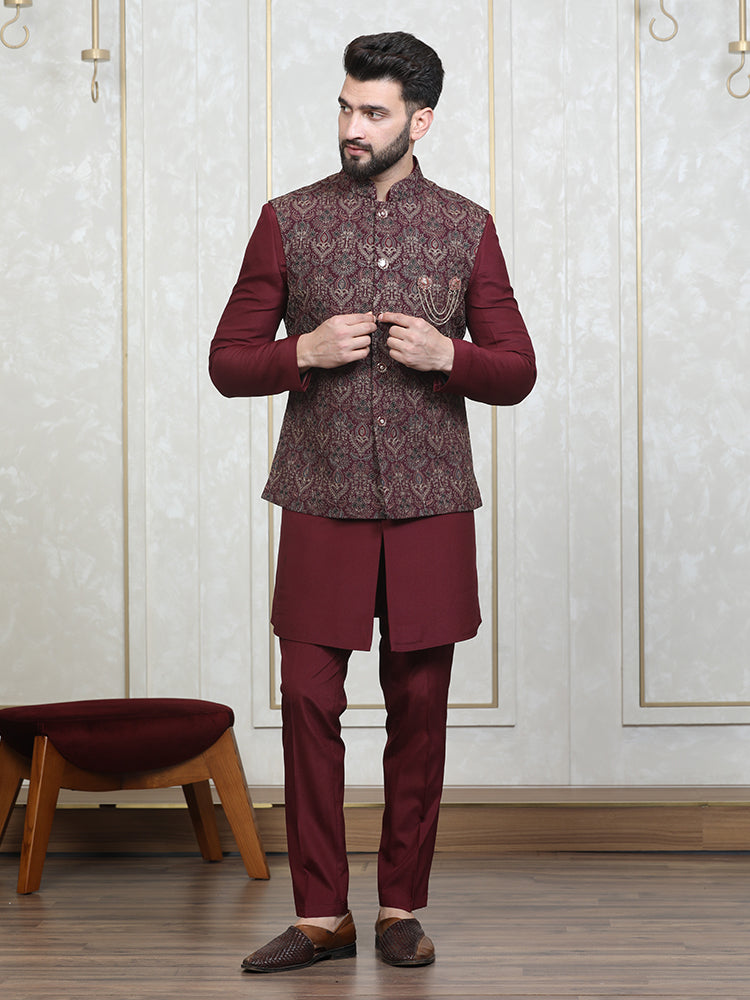 Mehroon Embroidered Nehru Jacket Set