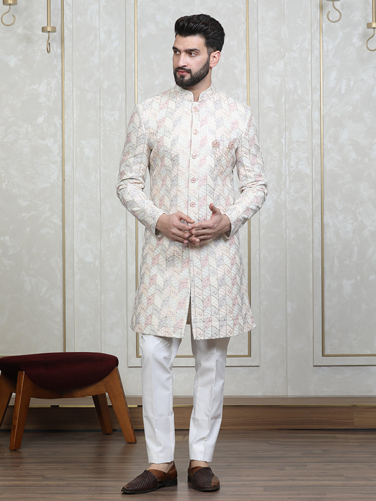 Cream Velvet Embroidered Sherwani Set