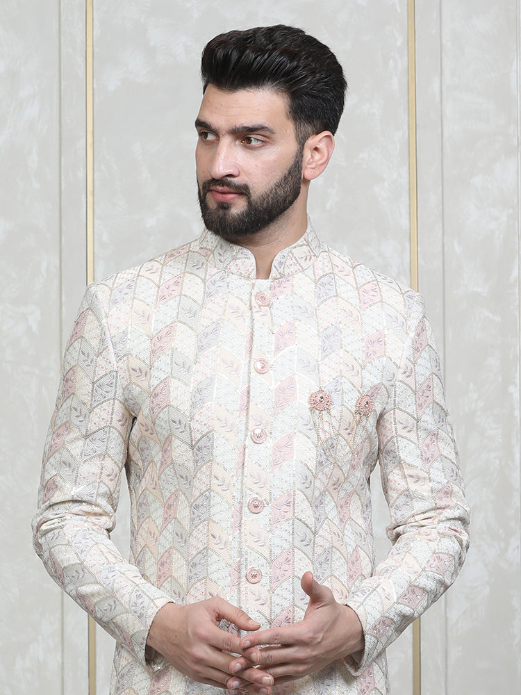 Cream Velvet Embroidered Sherwani Set