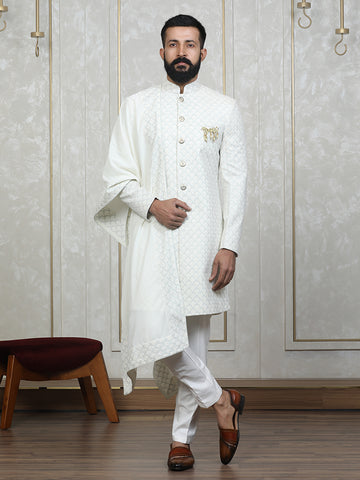 Cream Velvet Embroidered Sherwani Set with Dupatta