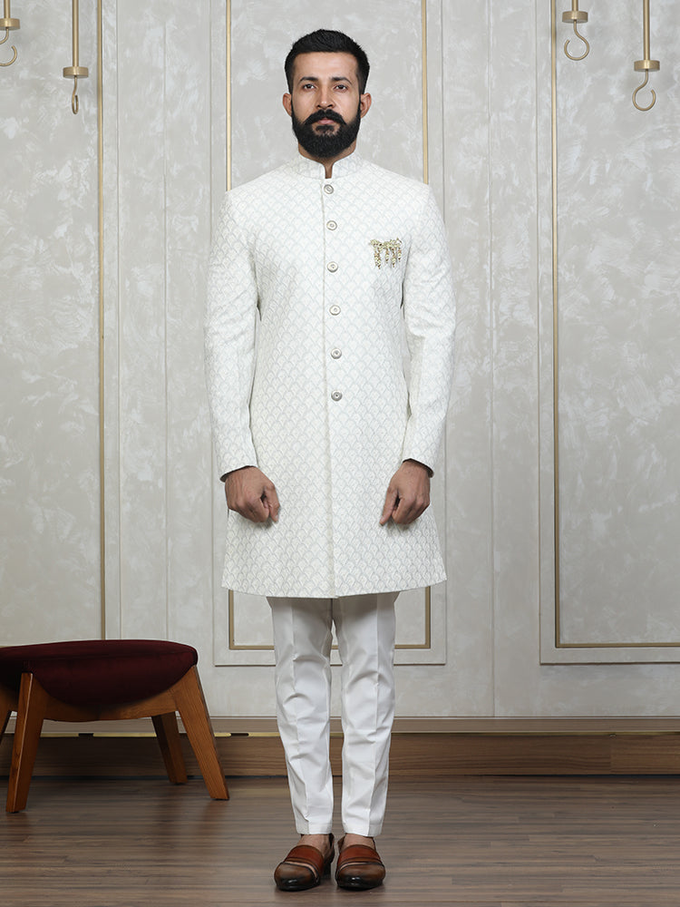 Cream Velvet Embroidered Sherwani Set with Dupatta