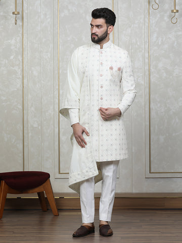 Cream Velvet Embroidered Sherwani Set with Dupatta