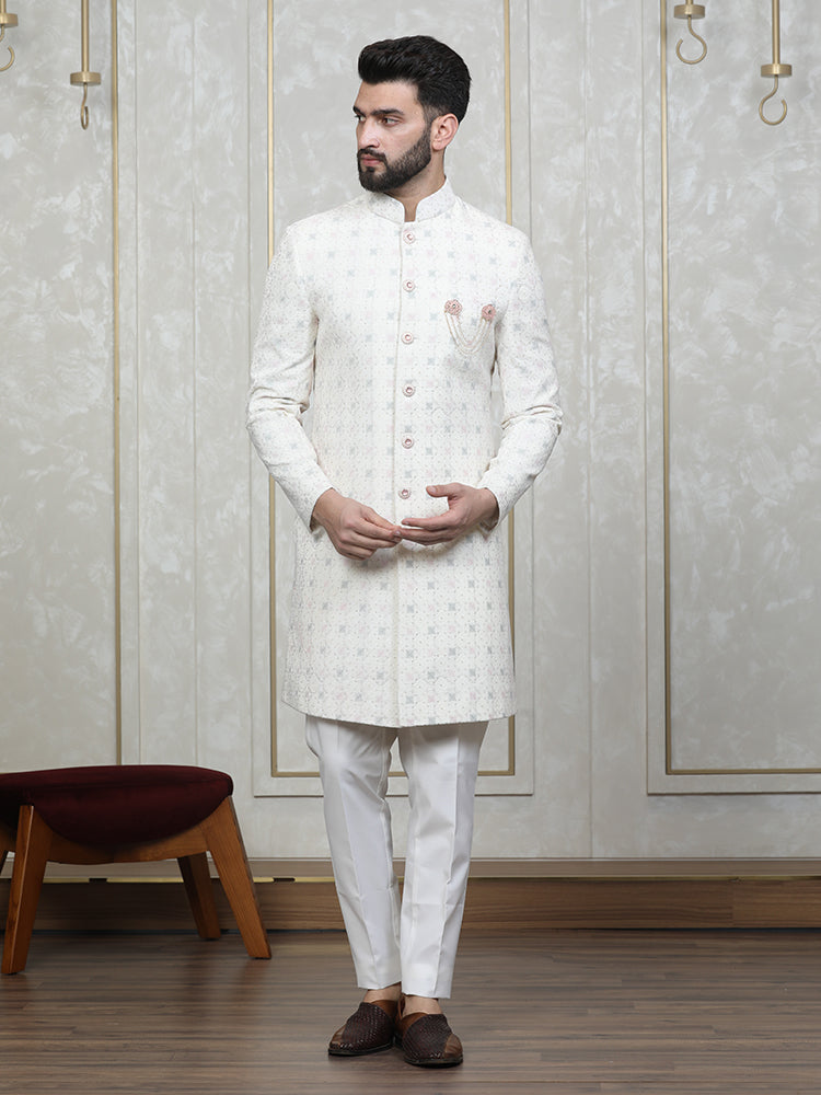 Cream Velvet Embroidered Sherwani Set with Dupatta