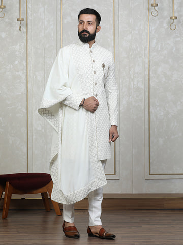 Cream Velvet Embroidered Sherwani Set with Dupatta