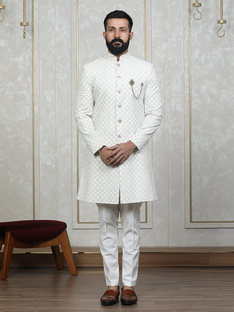 Cream Velvet Embroidered Sherwani Set with Dupatta