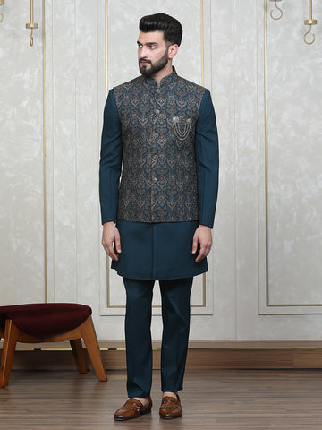 Teal Green Embroidered  Nehru Jacket Set