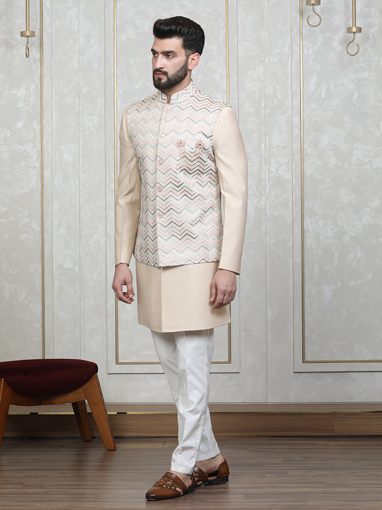 Fawn Embroidered  Nehru Jacket Set