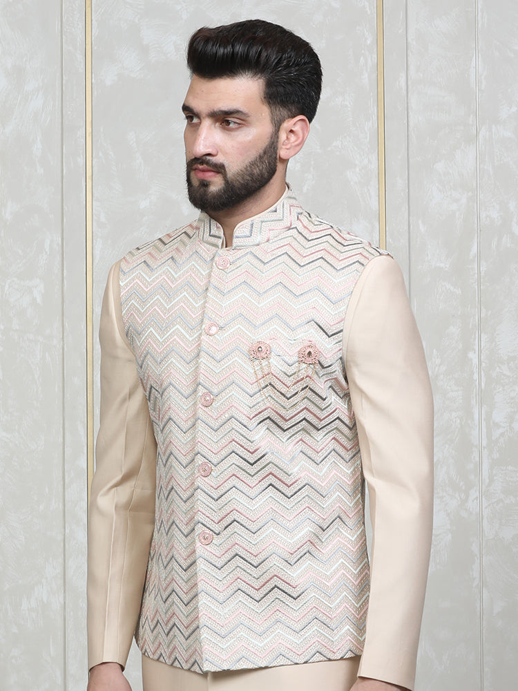 Fawn Embroidered  Nehru Jacket Set