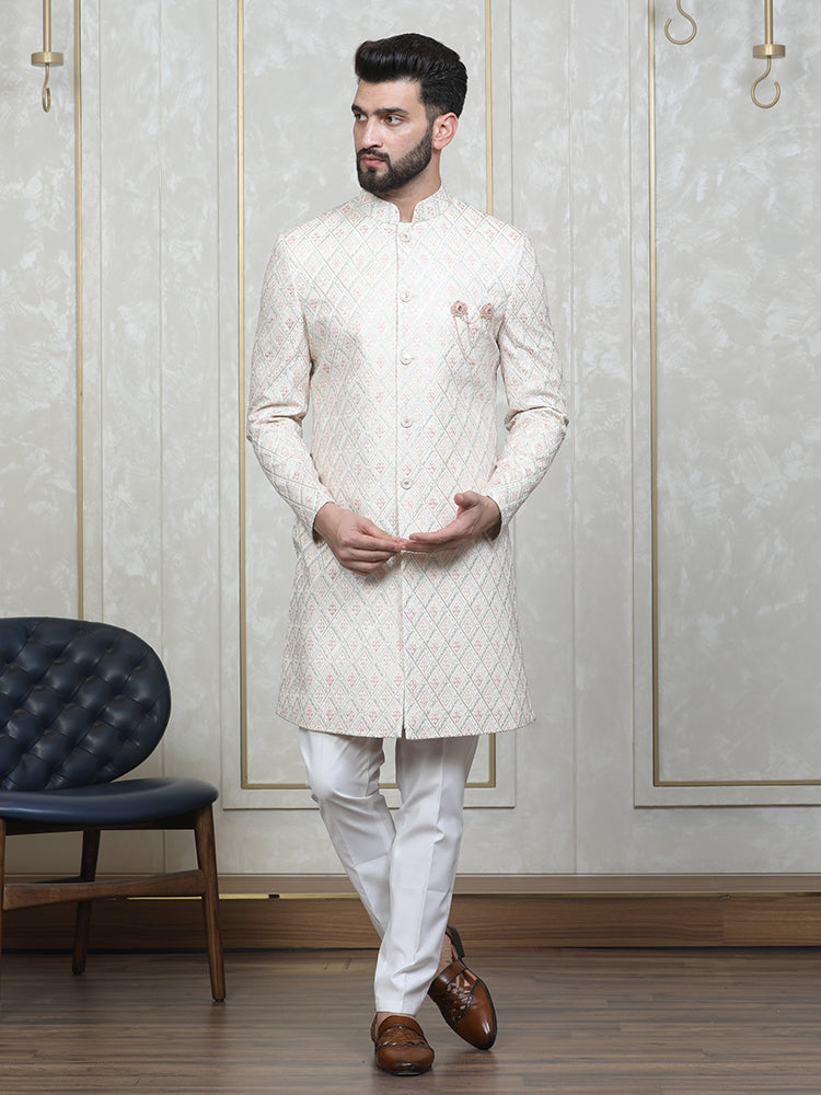 Cream Vichitra Silk Embroidered Sherwani Set