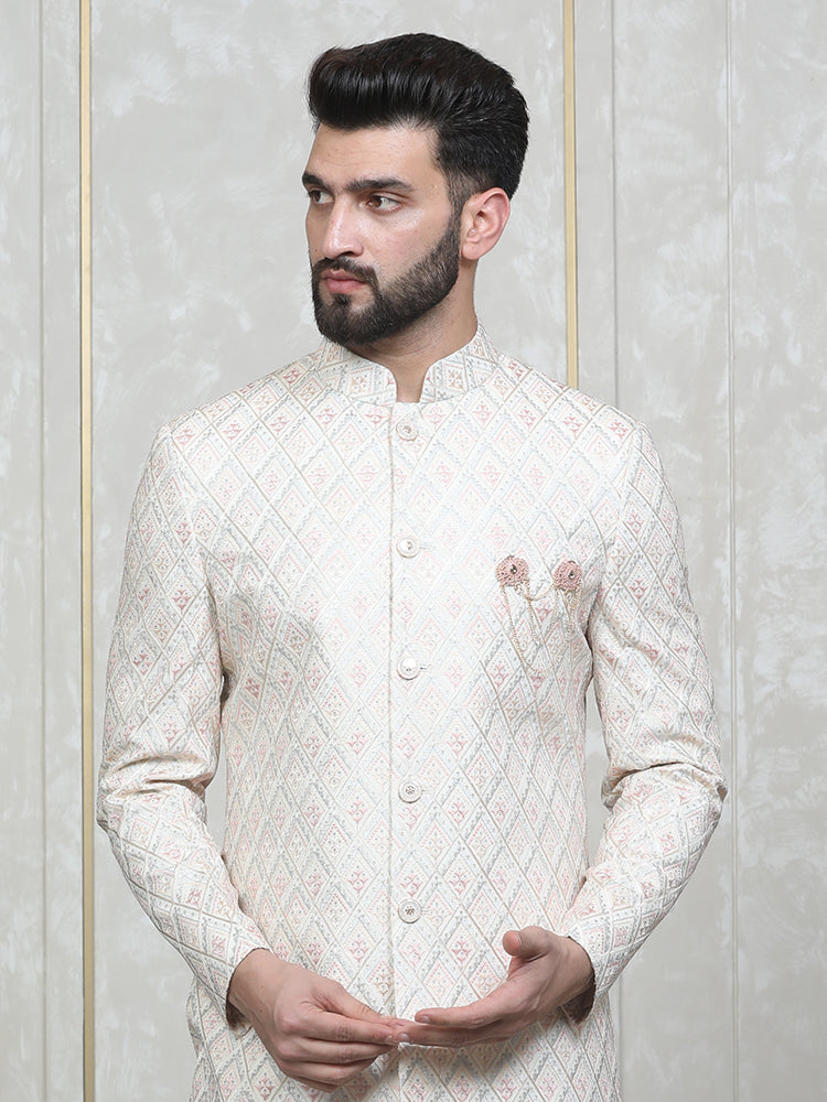 Cream Vichitra Silk Embroidered Sherwani Set