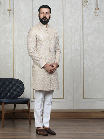 Khaki Vichitra Silk Embroidered Sherwani Set