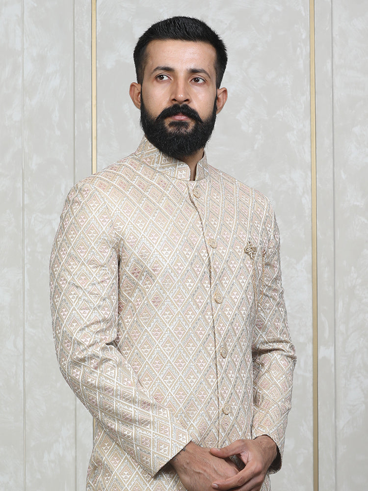 Khaki Vichitra Silk Embroidered Sherwani Set