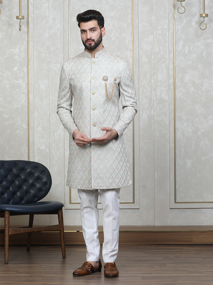 Pista Vichitra Silk Embroidered Sherwani Set