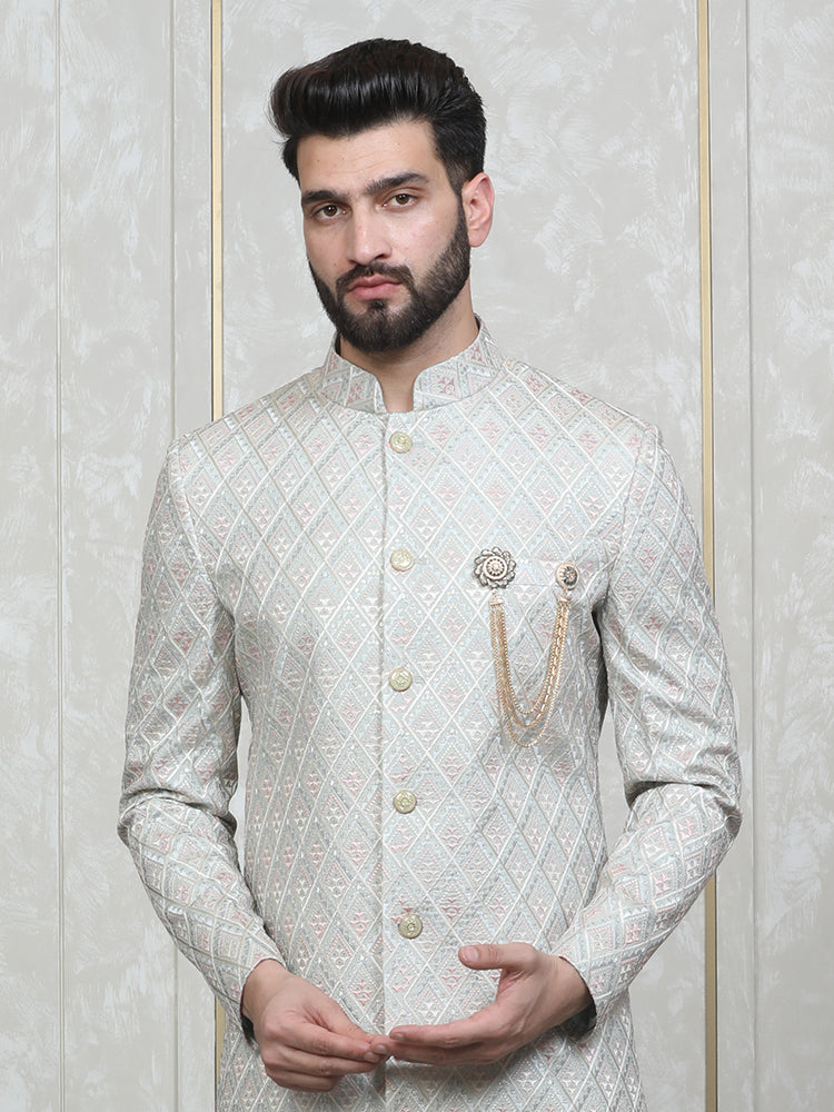 Pista Vichitra Silk Embroidered Sherwani Set