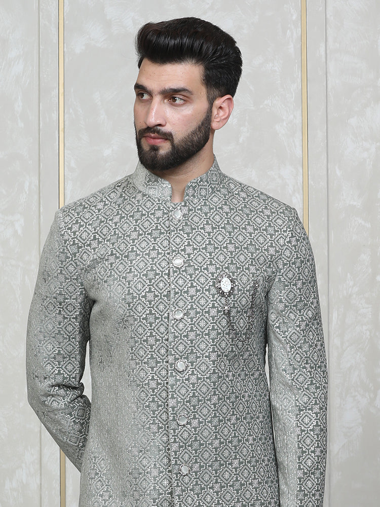 Pista Velvet Embroidered Sherwani Set