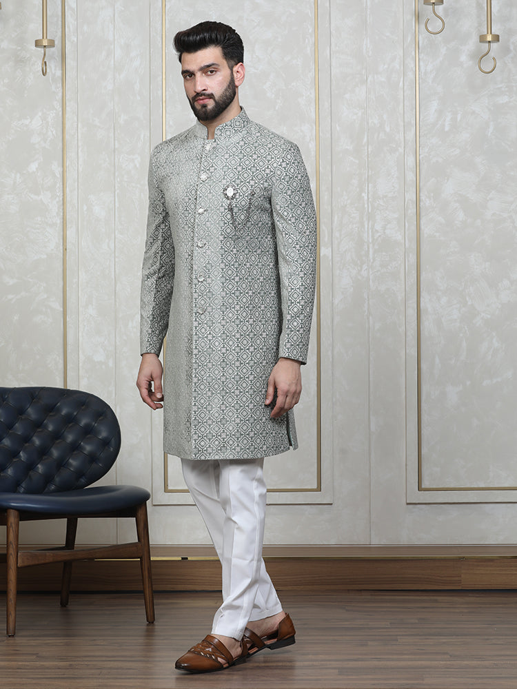 Pista Velvet Embroidered Sherwani Set