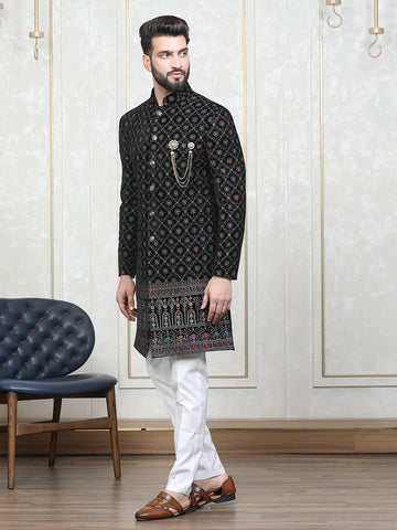 Black Velvet Embroidered Sherwani Set