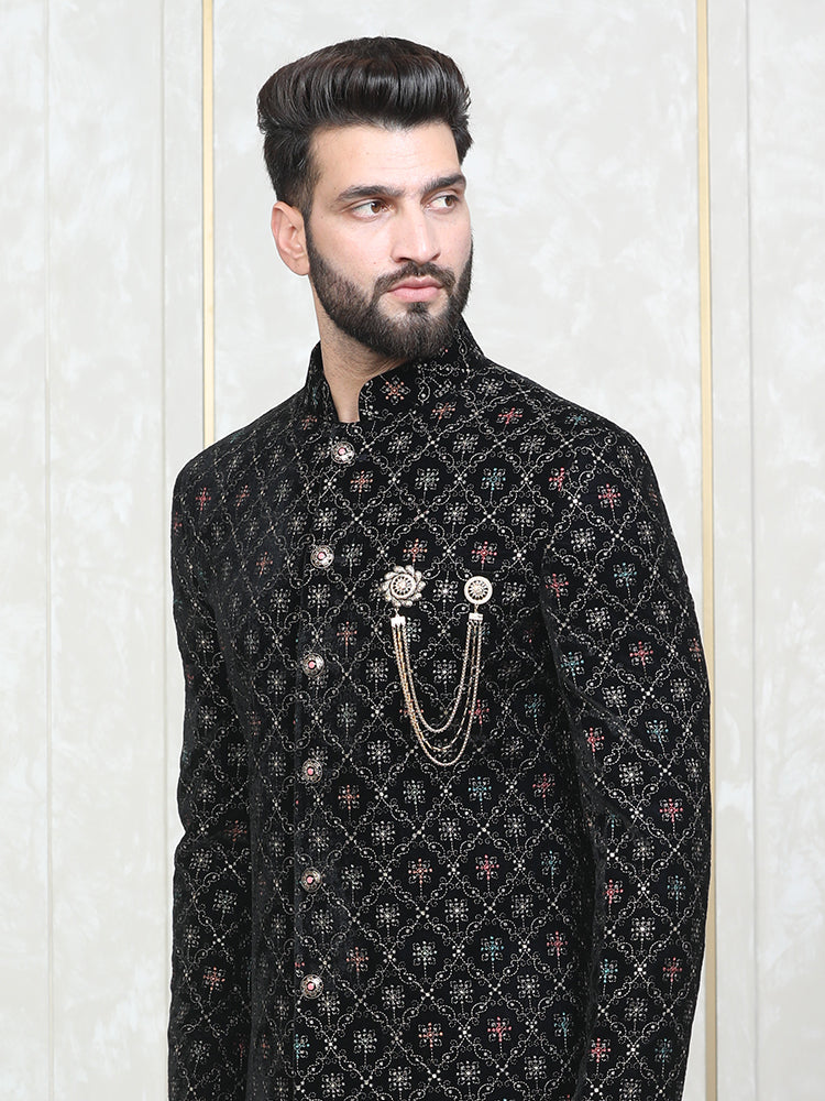 Black Velvet Embroidered Sherwani Set