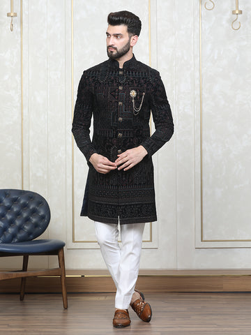 Wine Velvet Embroidered Sherwani Set