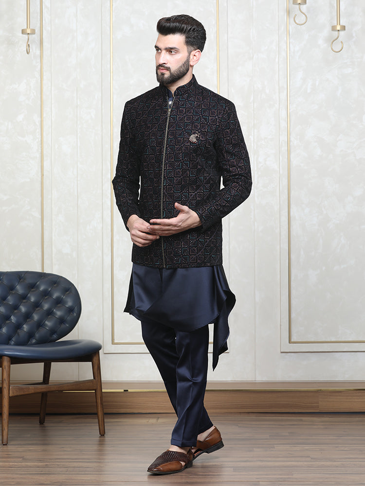 Navy Blue Velvet Embroidered Bomber Jacket with Kurta Set