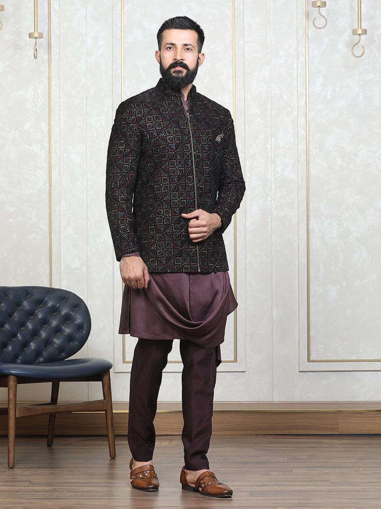 Wine Velvet Embroidered Bomber Jacket with Kurta Set