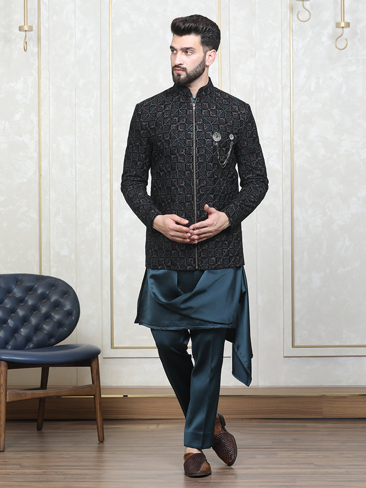 Ram Green Velvet Embroidered Bomber Jacket with Kurta Set