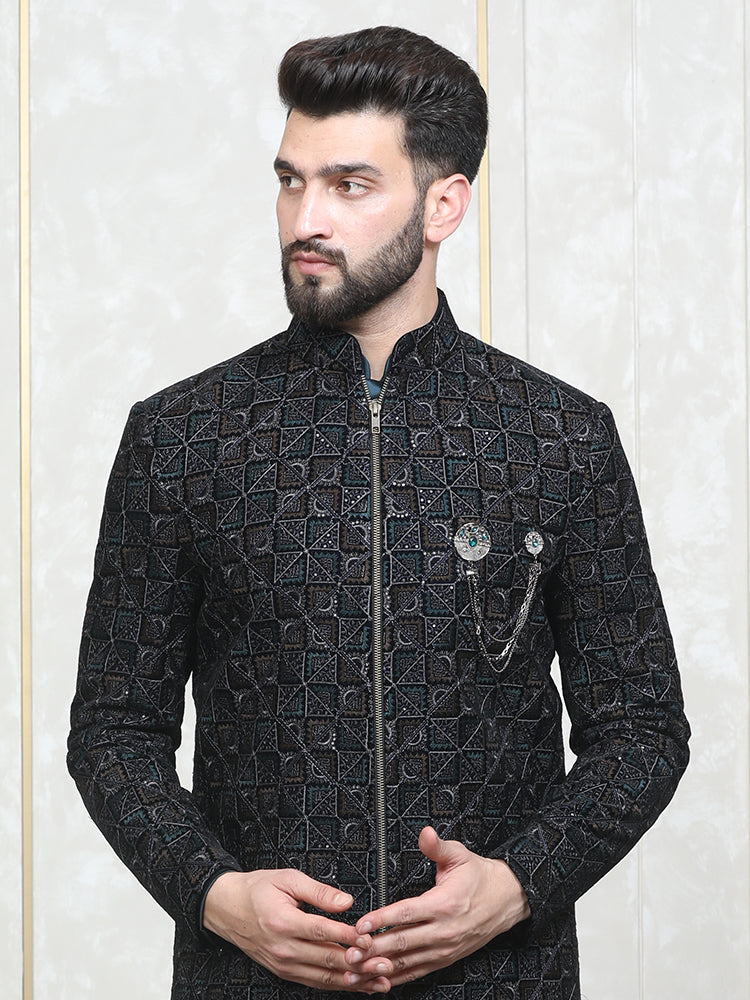 Ram Green Velvet Embroidered Bomber Jacket with Kurta Set