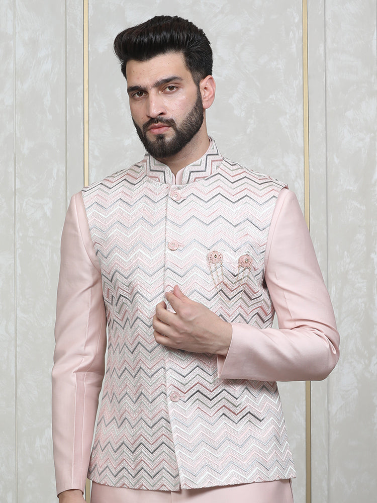 Pink Embroidered  Nehru Jacket Set