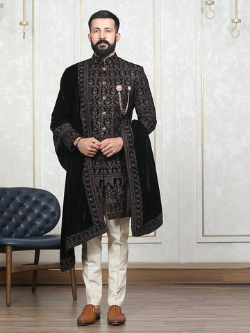 Wine Velvet Embroidered Sherwani Set with Dupatta