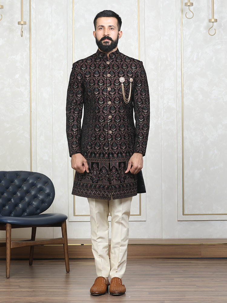 Wine Velvet Embroidered Sherwani Set with Dupatta