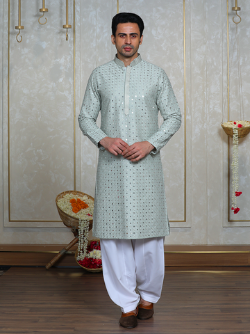 Pista Green Silk Embroidered Kurta Set for Men