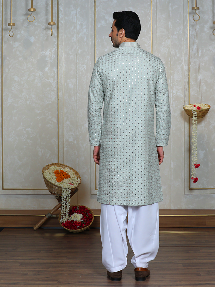 Pista Green Silk Embroidered Kurta Set for Men