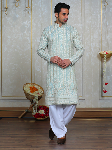 Pista Green Lakhnavi Kurta Set for Men