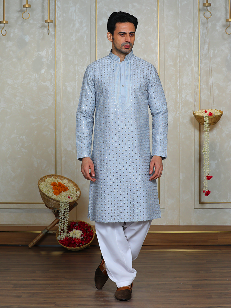 Sky Blue Silk Embroidered Kurta Set for Men