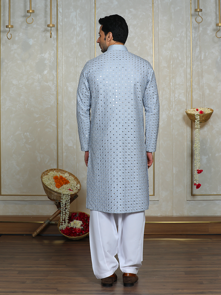 Sky Blue Silk Embroidered Kurta Set for Men